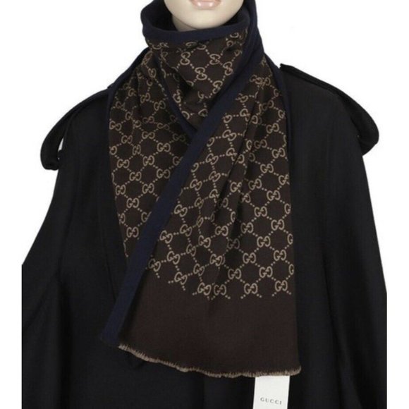 Authentic Gucci GG Logo Brown Blue 35x180cm/14”x71" Wool/Silk Shawl Scarf NWT - Picture 10 of 10
